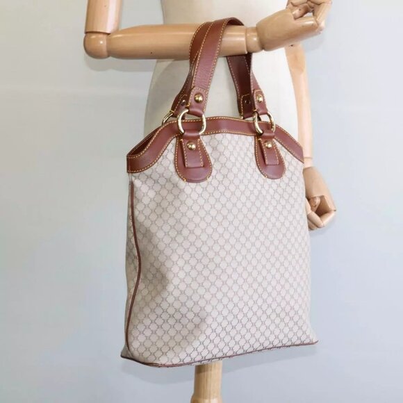 CELINE Macadam Canvas Tote Bag Beige Gold Auth